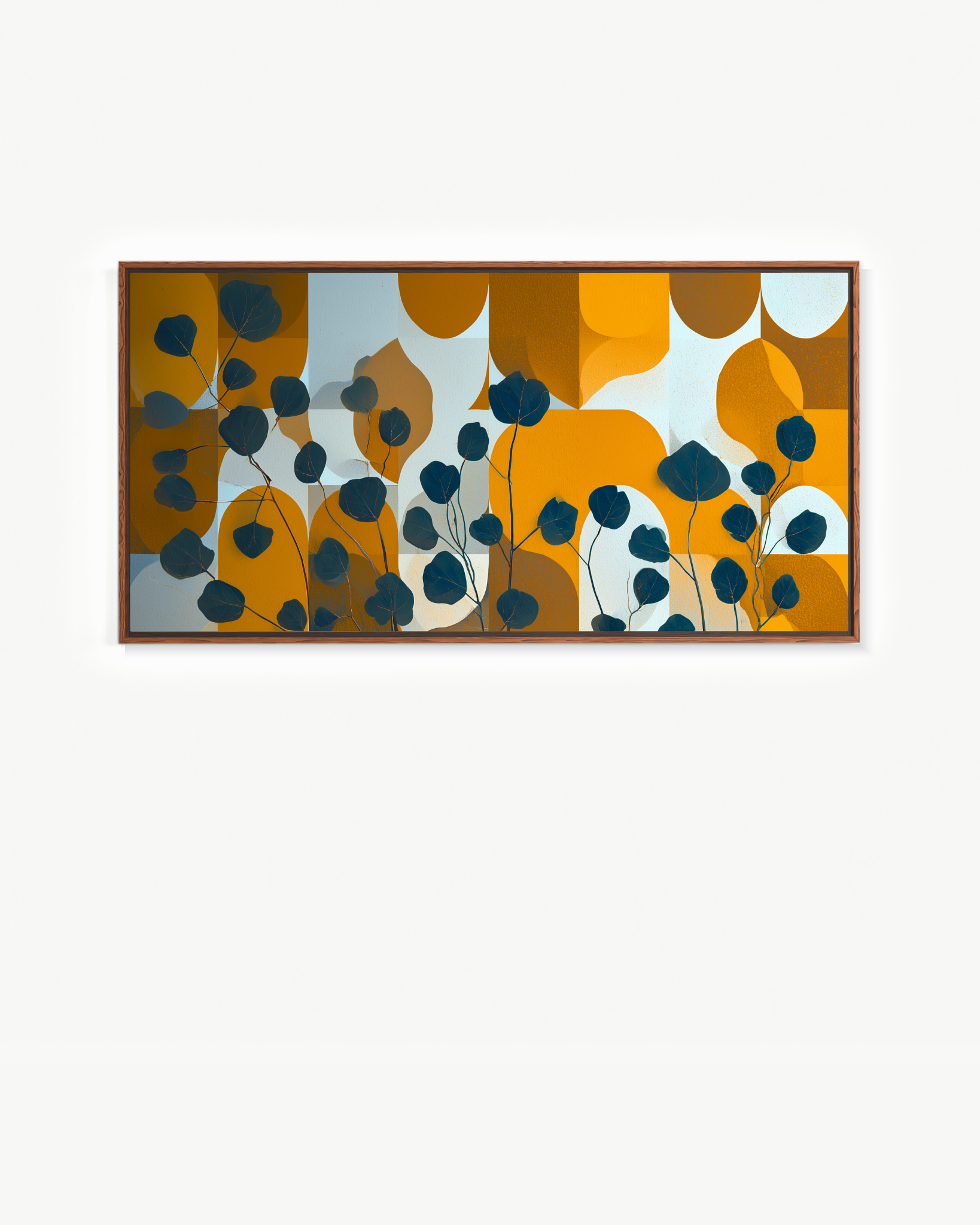 Hojas azules sobre ocre · 140 × 70 cm