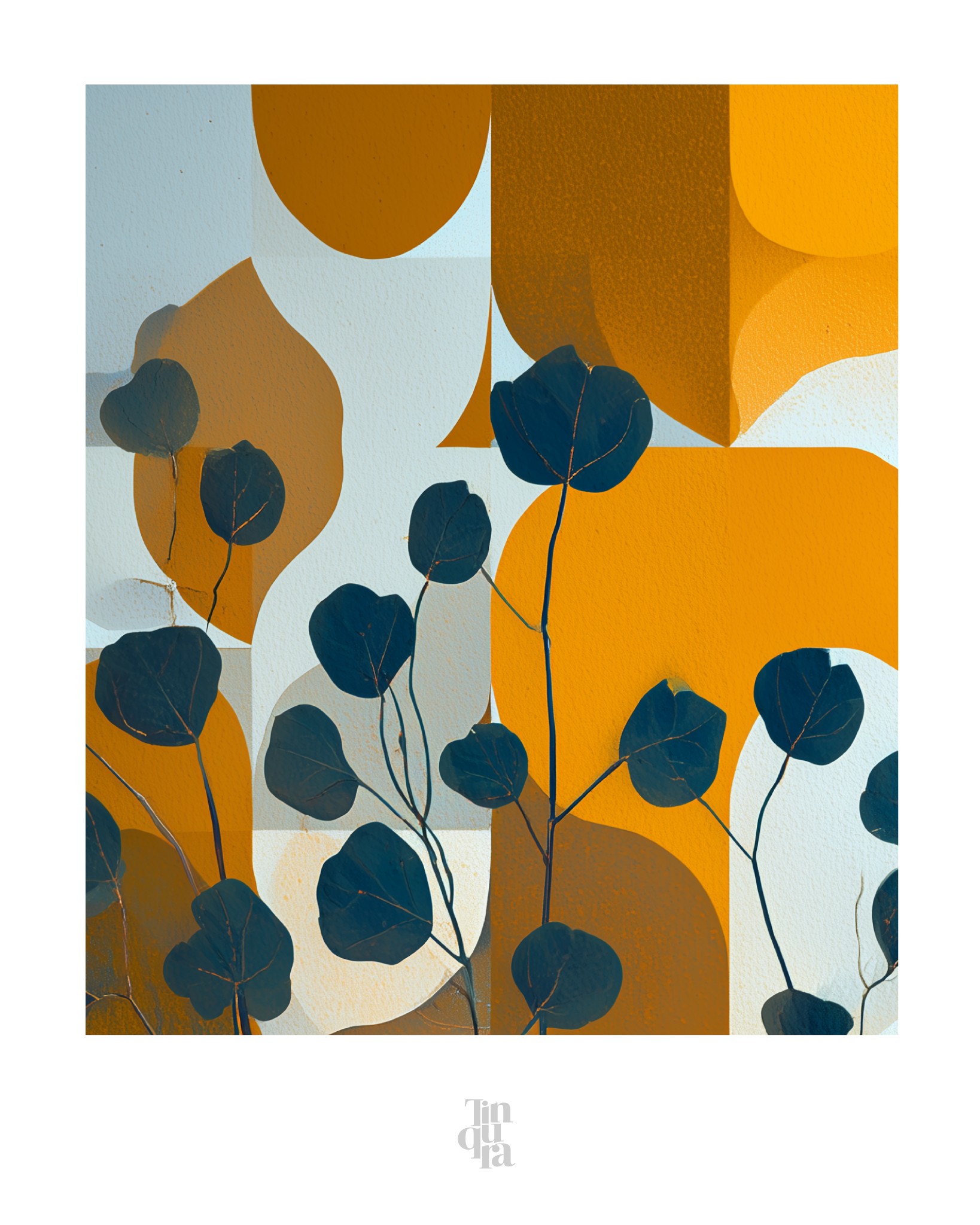 Hojas azules sobre ocre · 140 × 70 cm