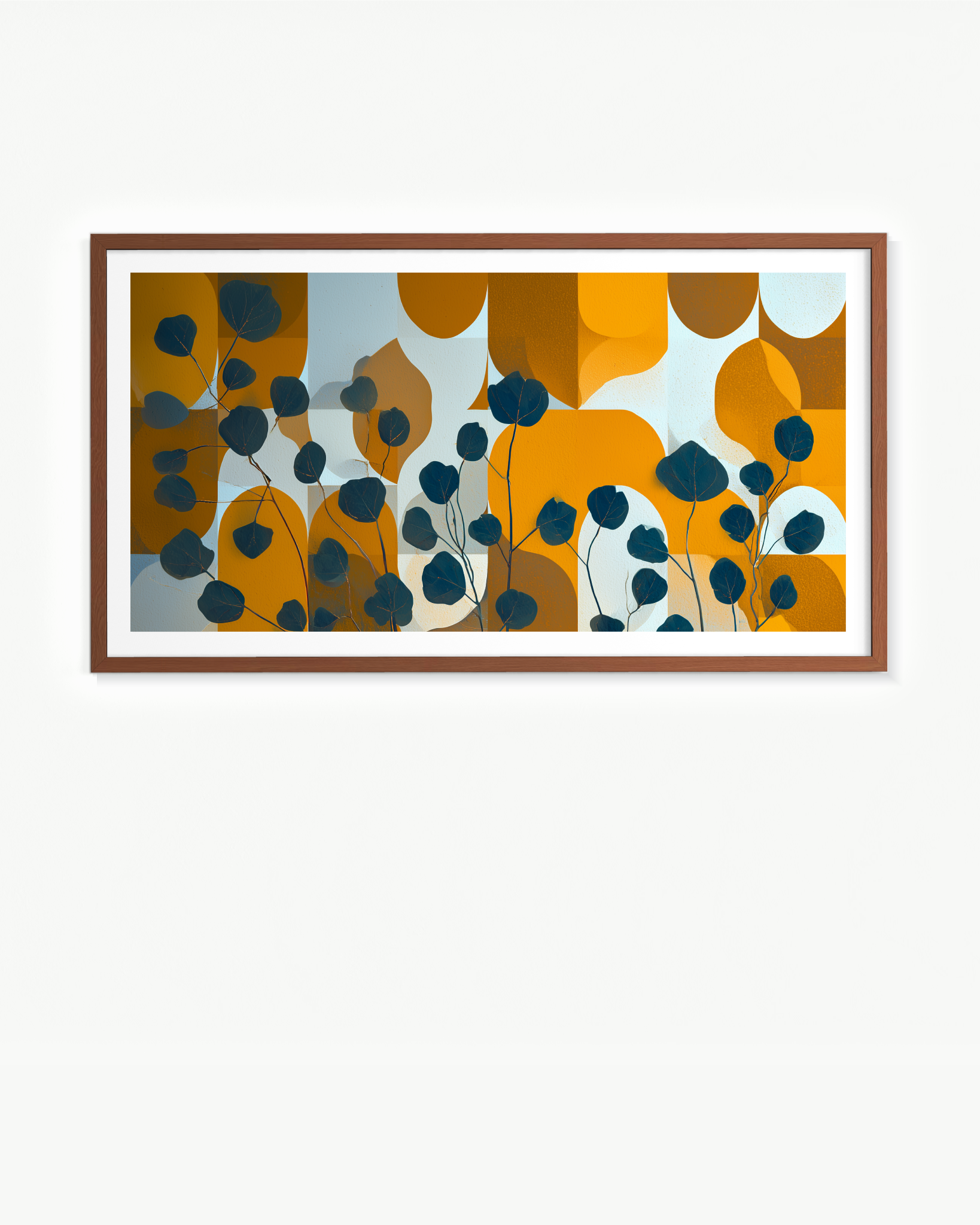 Hojas azules sobre ocre · 140 × 70 cm