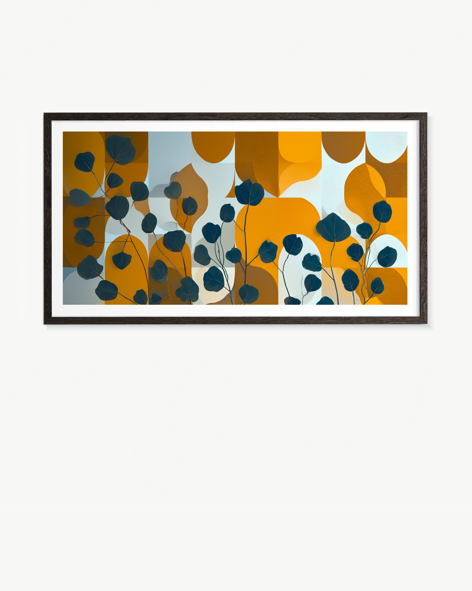 Hojas azules sobre ocre · 140 × 70 cm
