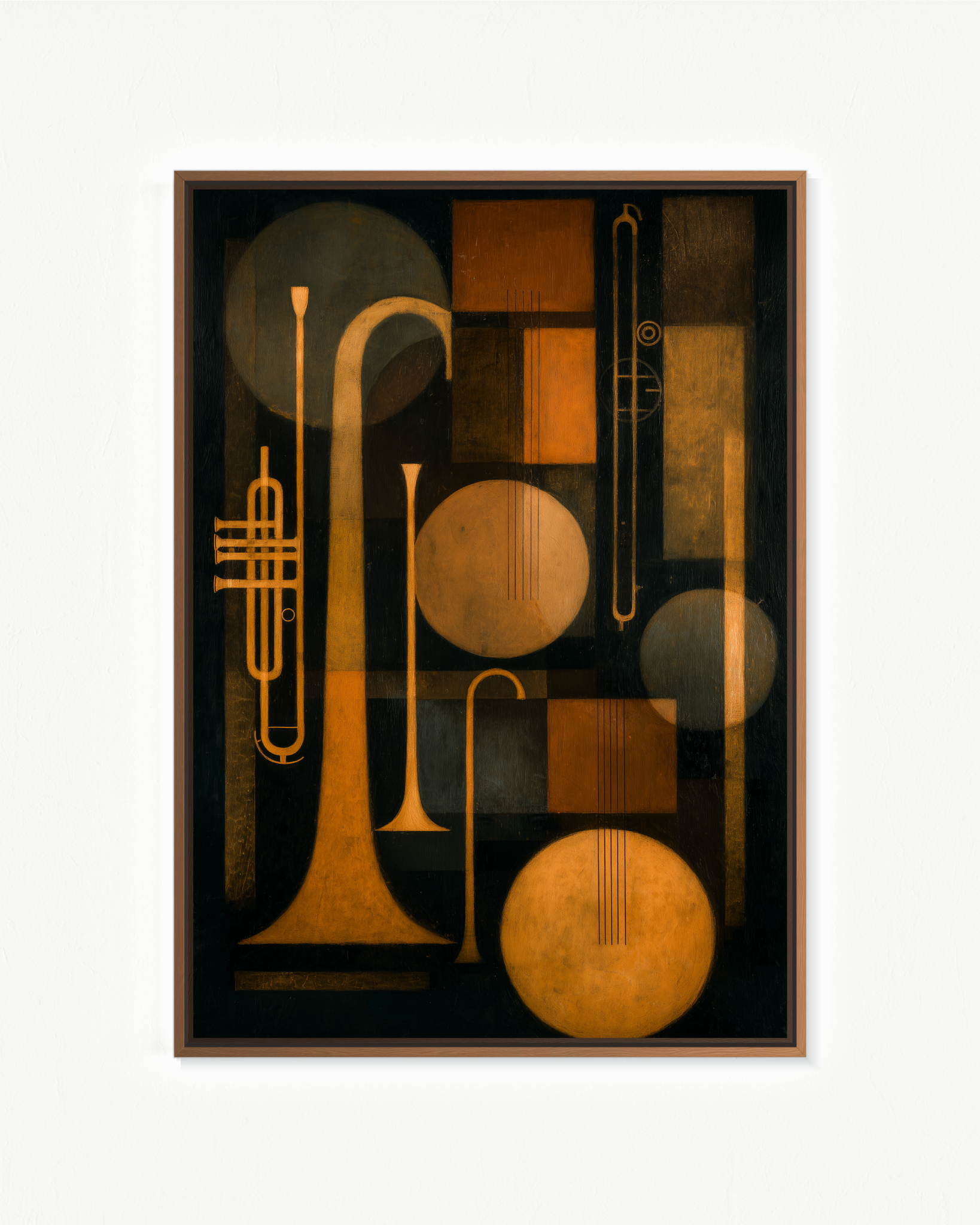 Tres trompetas — Flotante Negro, 70 × 100 cm