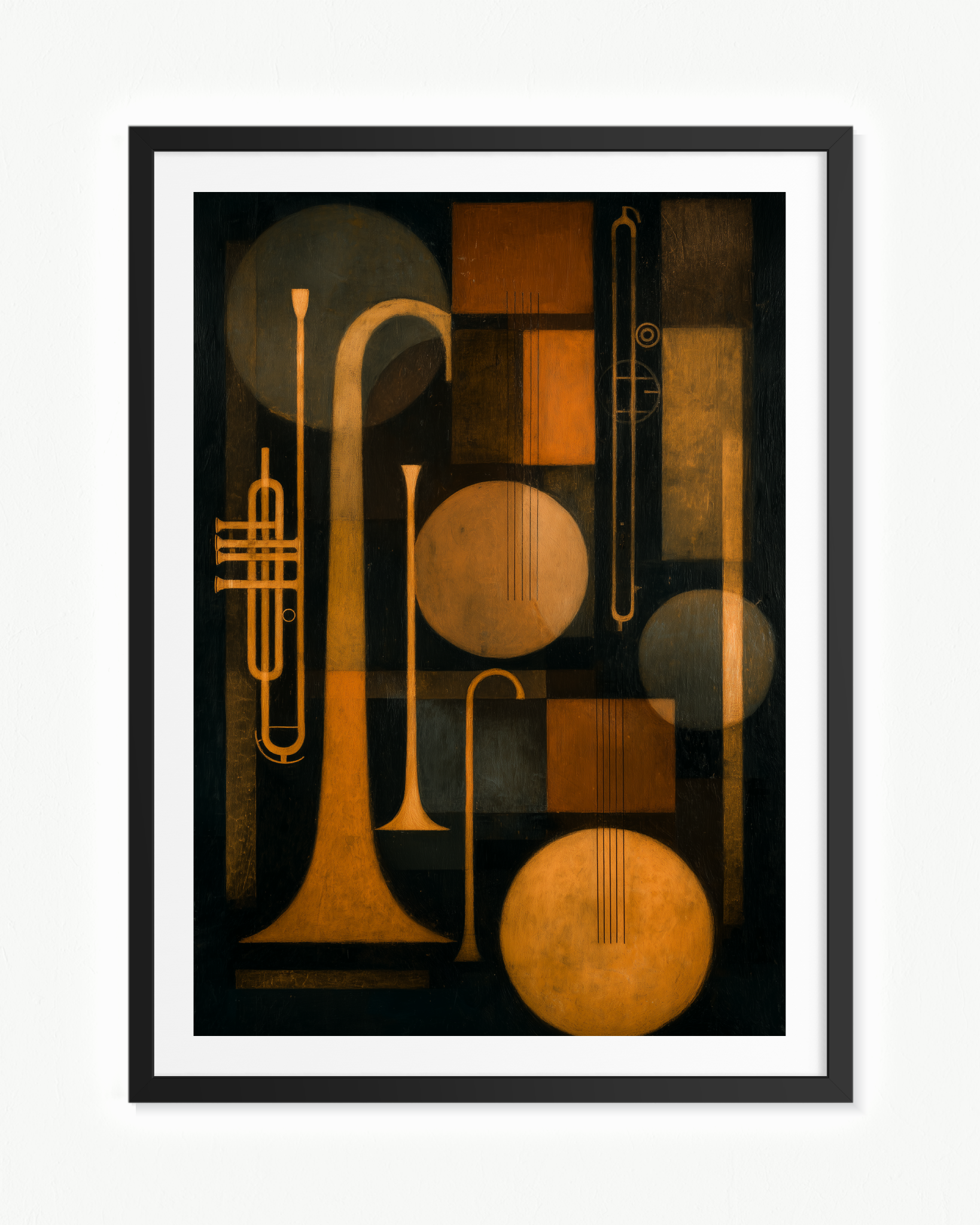 Tres trompetas — Paspartú Negro, 70 × 100 cm