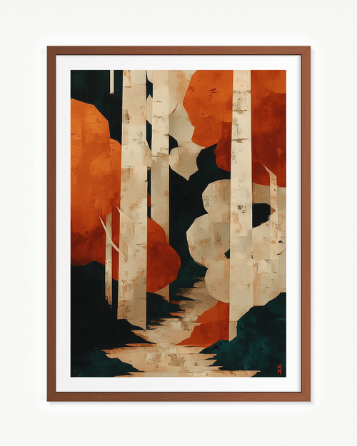 Camino entre abedules — Paspartú Marrón, 70 × 100 cm
