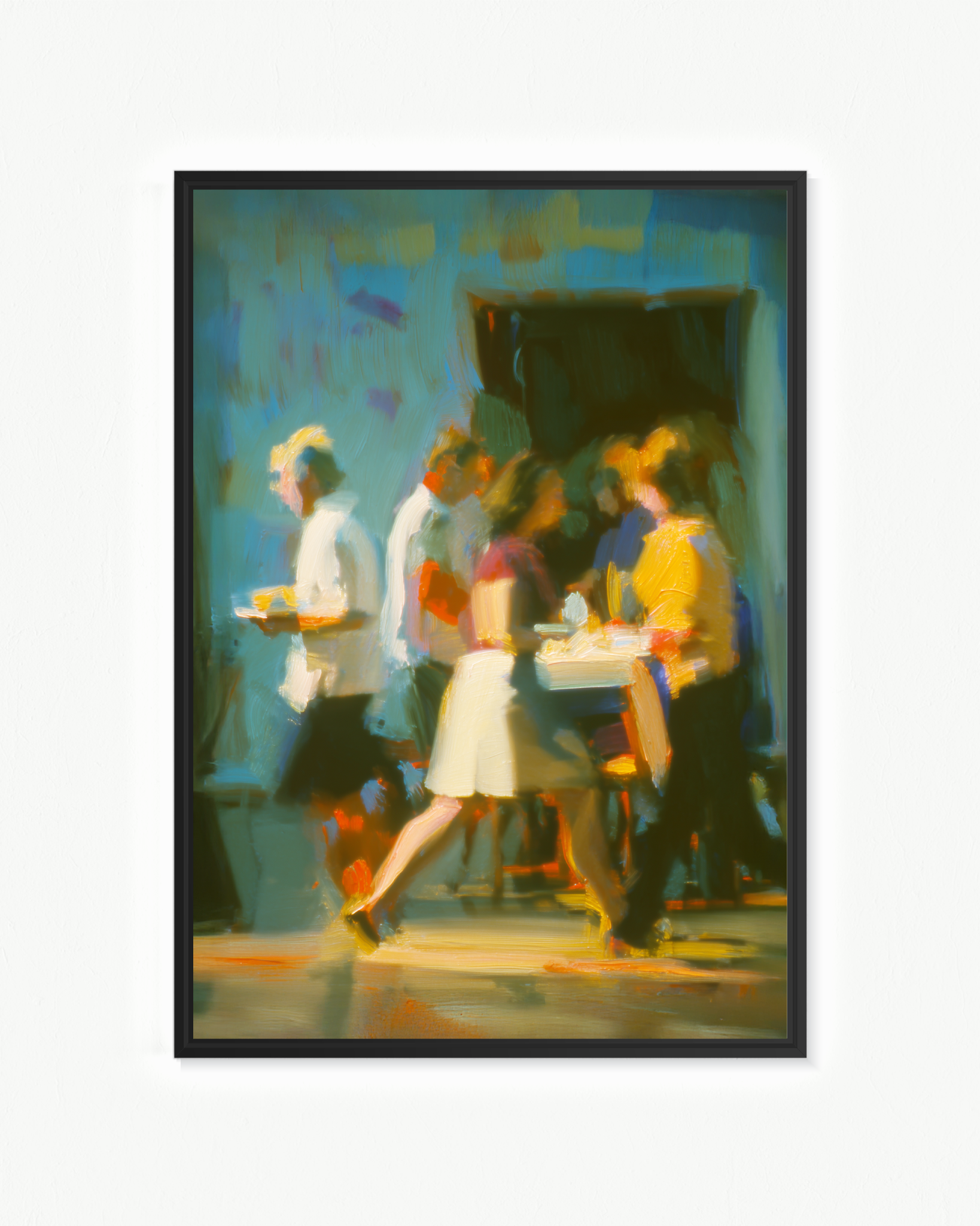Personas al paso — Flotante Marrón, 70 × 100 cm